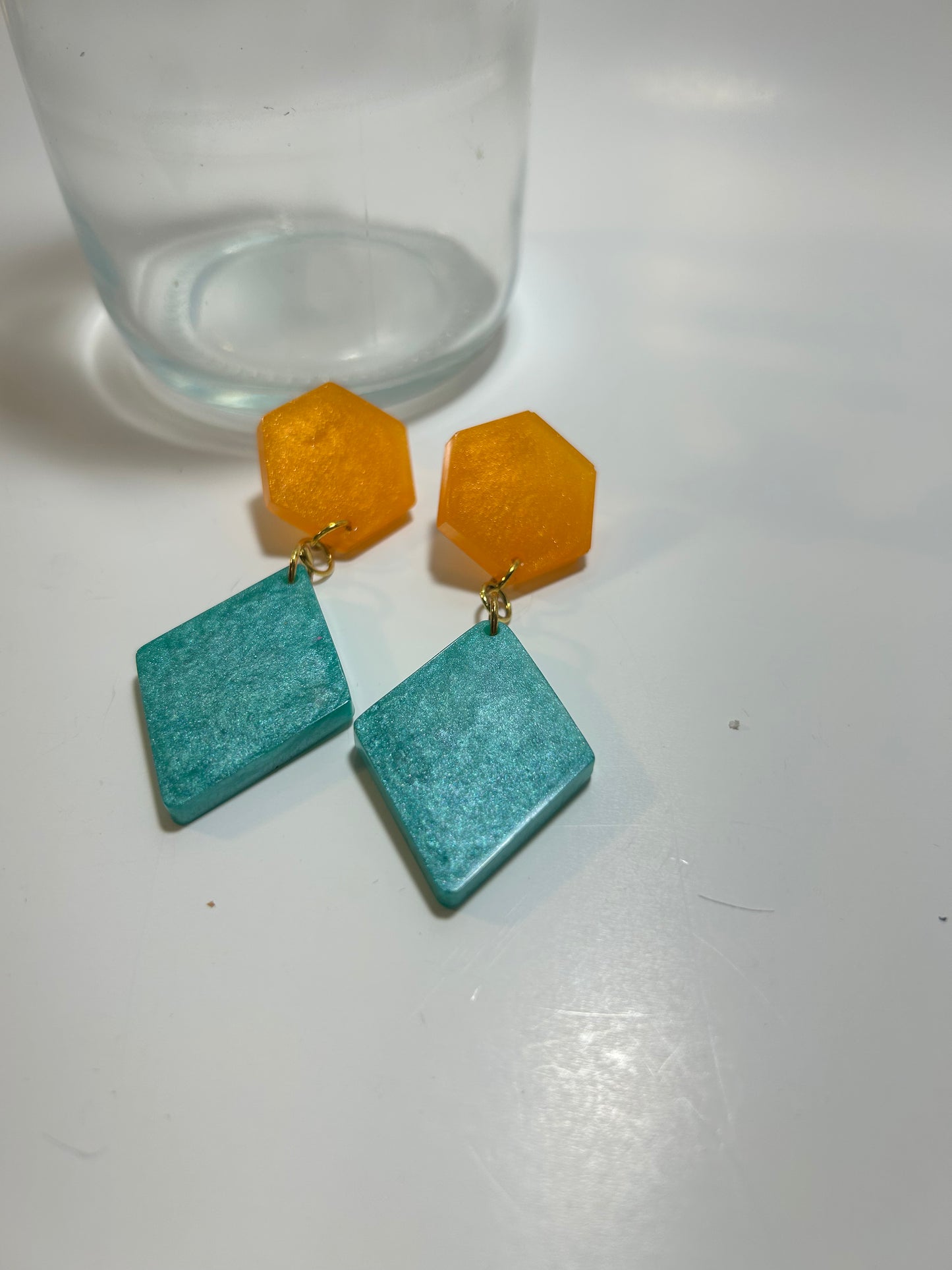 Aqua green and orange dangle earring
